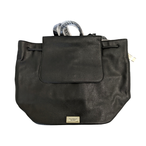 NWT Victoria's Secret Backpack Purse Black Faux Leather Drawstring Bag Large - Picture 2 of 9